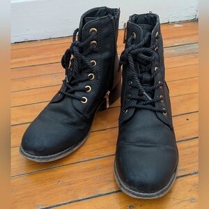 Black Lace-Up Ankle Boots with Gold Eyelets